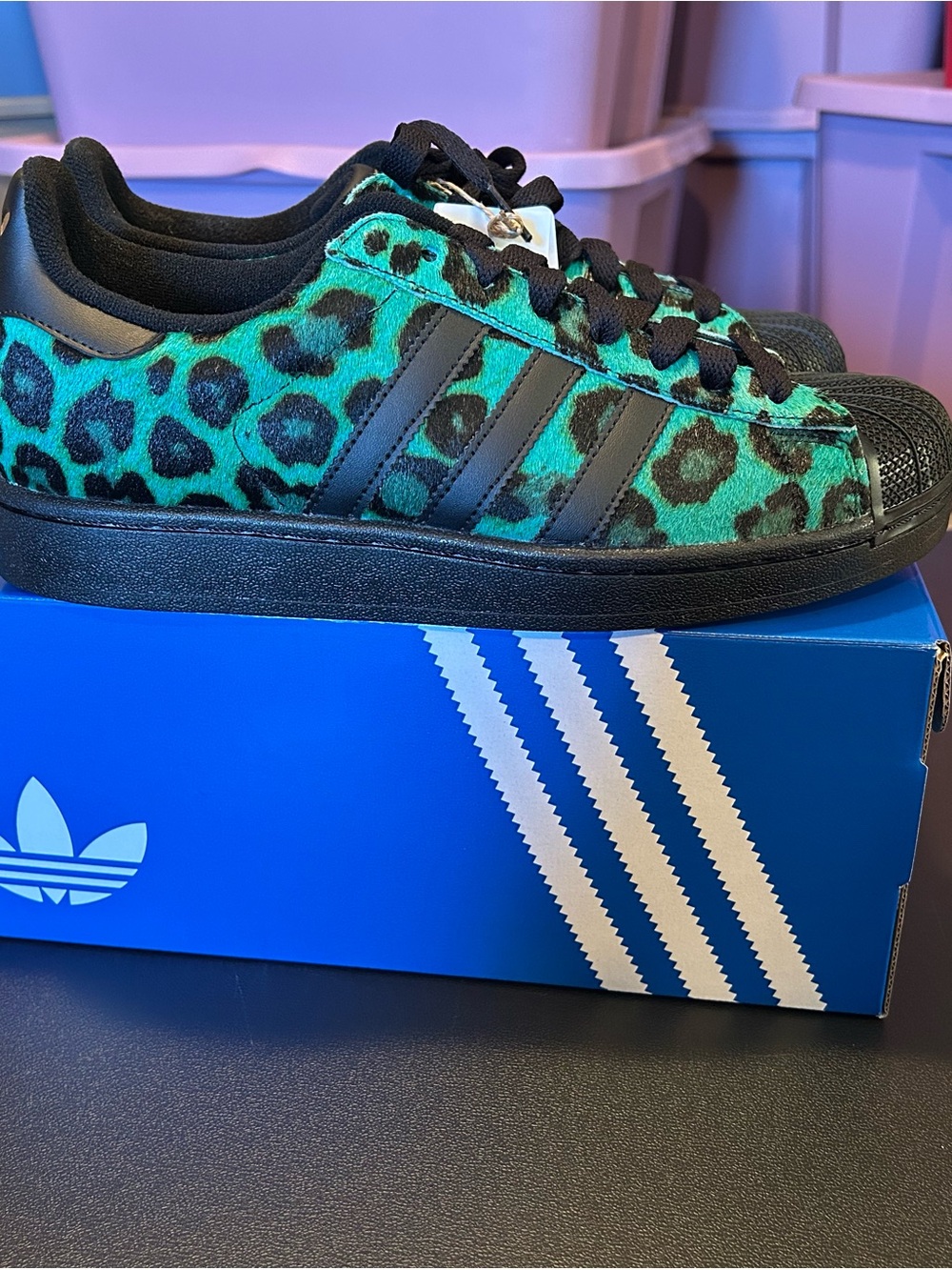 adidas Women's Green Leopard Print Superstar Sneakers with Black Accents